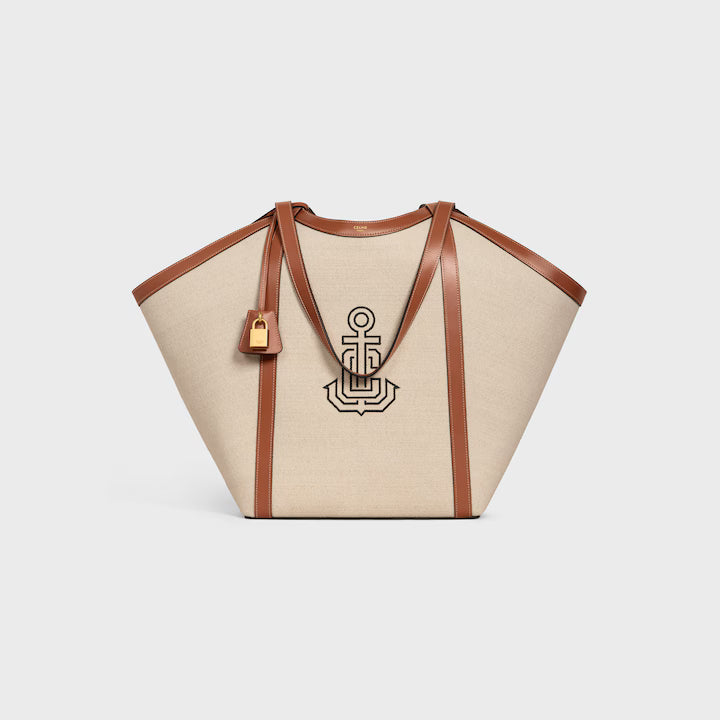 LARGE CABAS IN TEXTILE WITH ANCHOR EMBROIDERY AND CALFSKIN