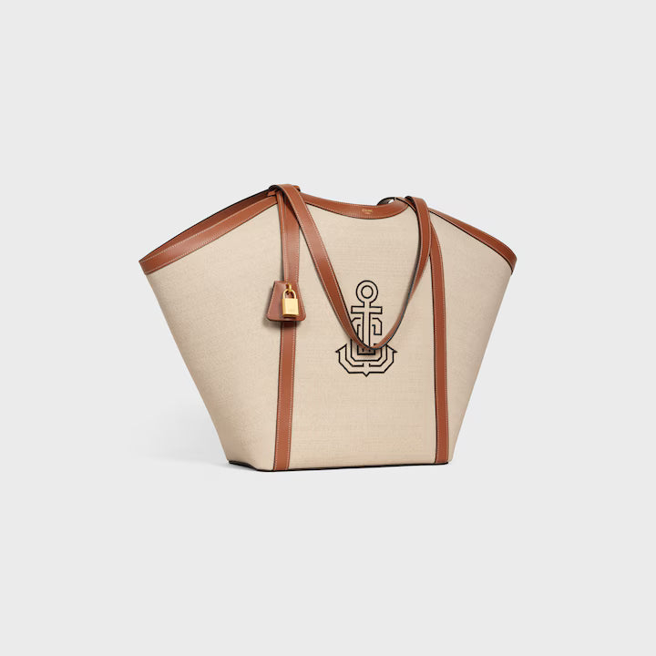 LARGE CABAS IN TEXTILE WITH ANCHOR EMBROIDERY AND CALFSKIN
