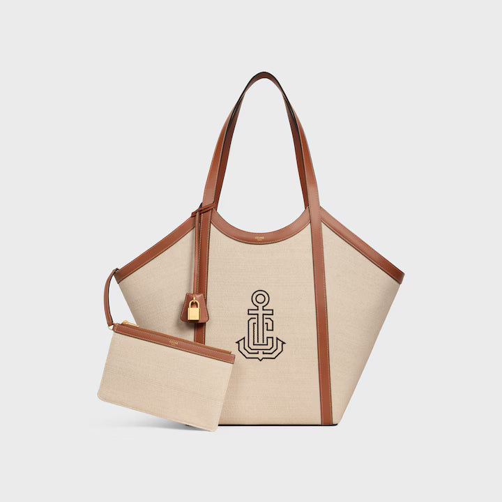 LARGE CABAS IN TEXTILE WITH ANCHOR EMBROIDERY AND CALFSKIN