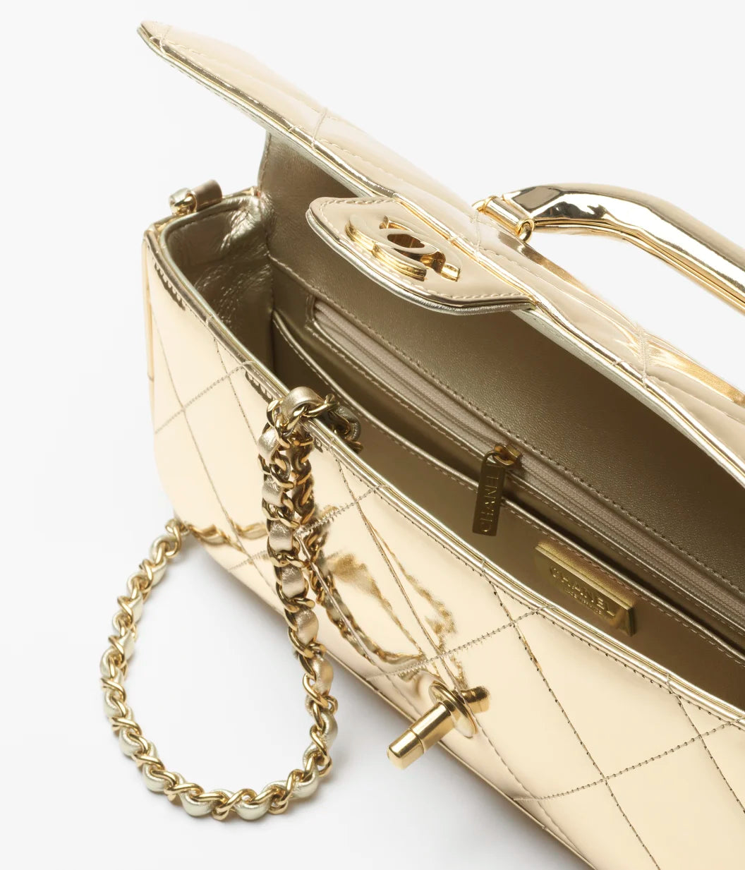 Large Flap Bag With Top Handle Metallic Mirror Calfskin & Gold-Tone Metal