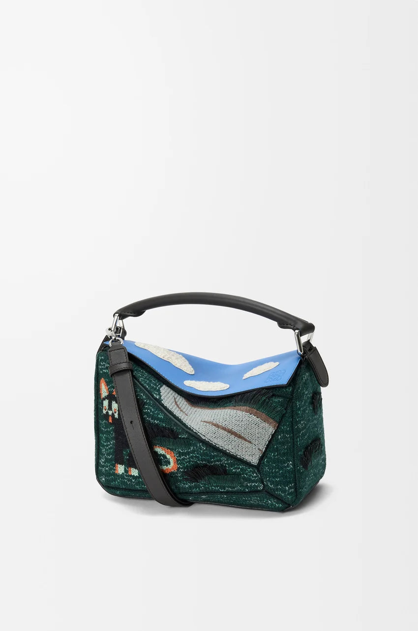Futurist Cat small Puzzle bag in embroidered knit and classic calfskin