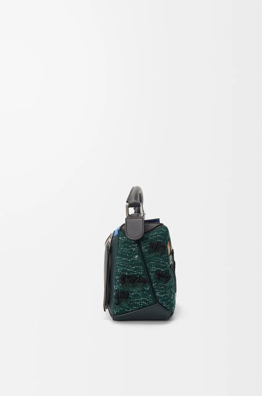 Futurist Cat small Puzzle bag in embroidered knit and classic calfskin