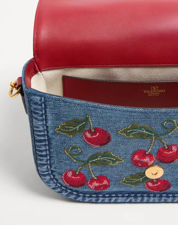 Valentino Garavani Alltime Denim Shoulder Bag With Cherryfic Embroidery