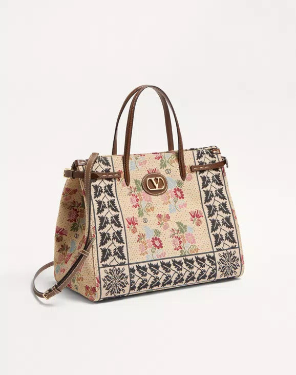 Valentino Garavani Antibes Medium Shopping Bag In Jacquard And Karung Fabric
