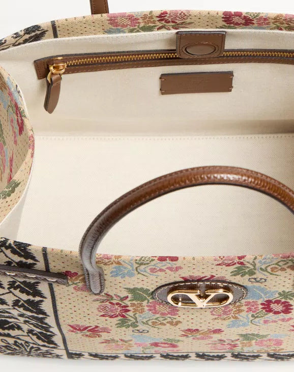 Valentino Garavani Antibes Medium Shopping Bag In Jacquard And Karung Fabric