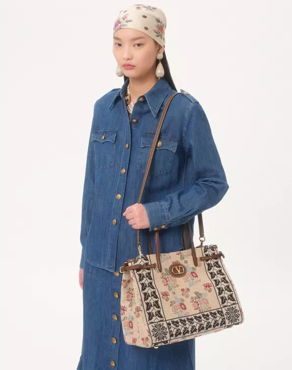 Valentino Garavani Antibes Medium Shopping Bag In Jacquard And Karung Fabric