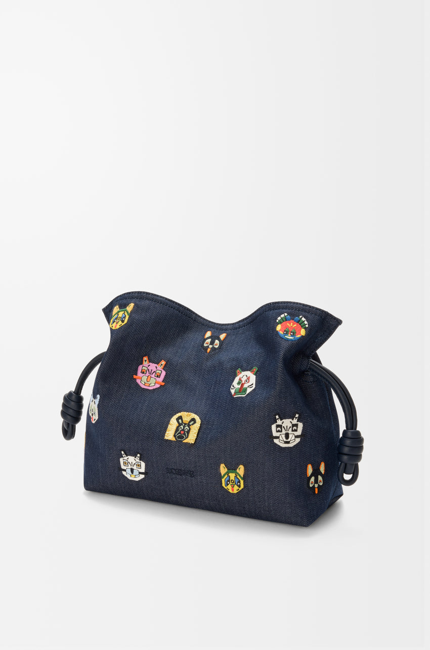 Cats medium Flamenco clutch in embroidered denim