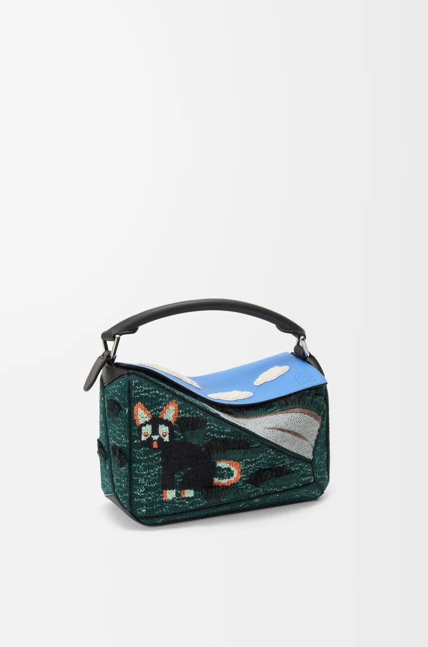 Futurist Cat small Puzzle bag in embroidered knit and classic calfskin