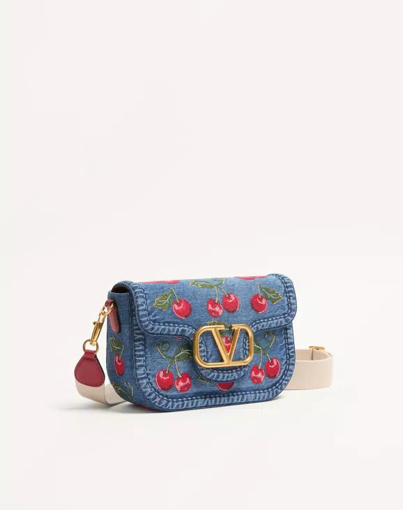Valentino Garavani Alltime Denim Shoulder Bag With Cherryfic Embroidery