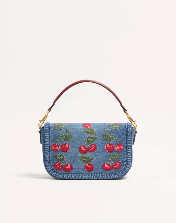 Valentino Garavani Alltime Denim Shoulder Bag With Cherryfic Embroidery