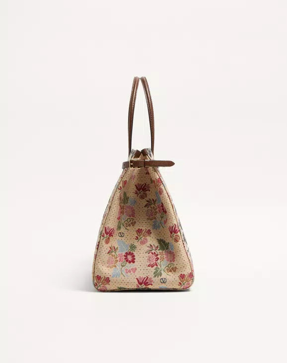 Valentino Garavani Antibes Medium Shopping Bag In Jacquard And Karung Fabric